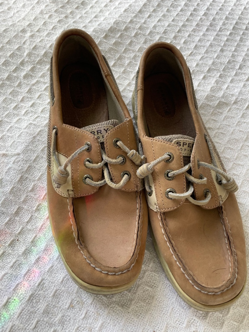 Sperry Women's Songfish boat shoes tan leather w/oat accents - size 9.5